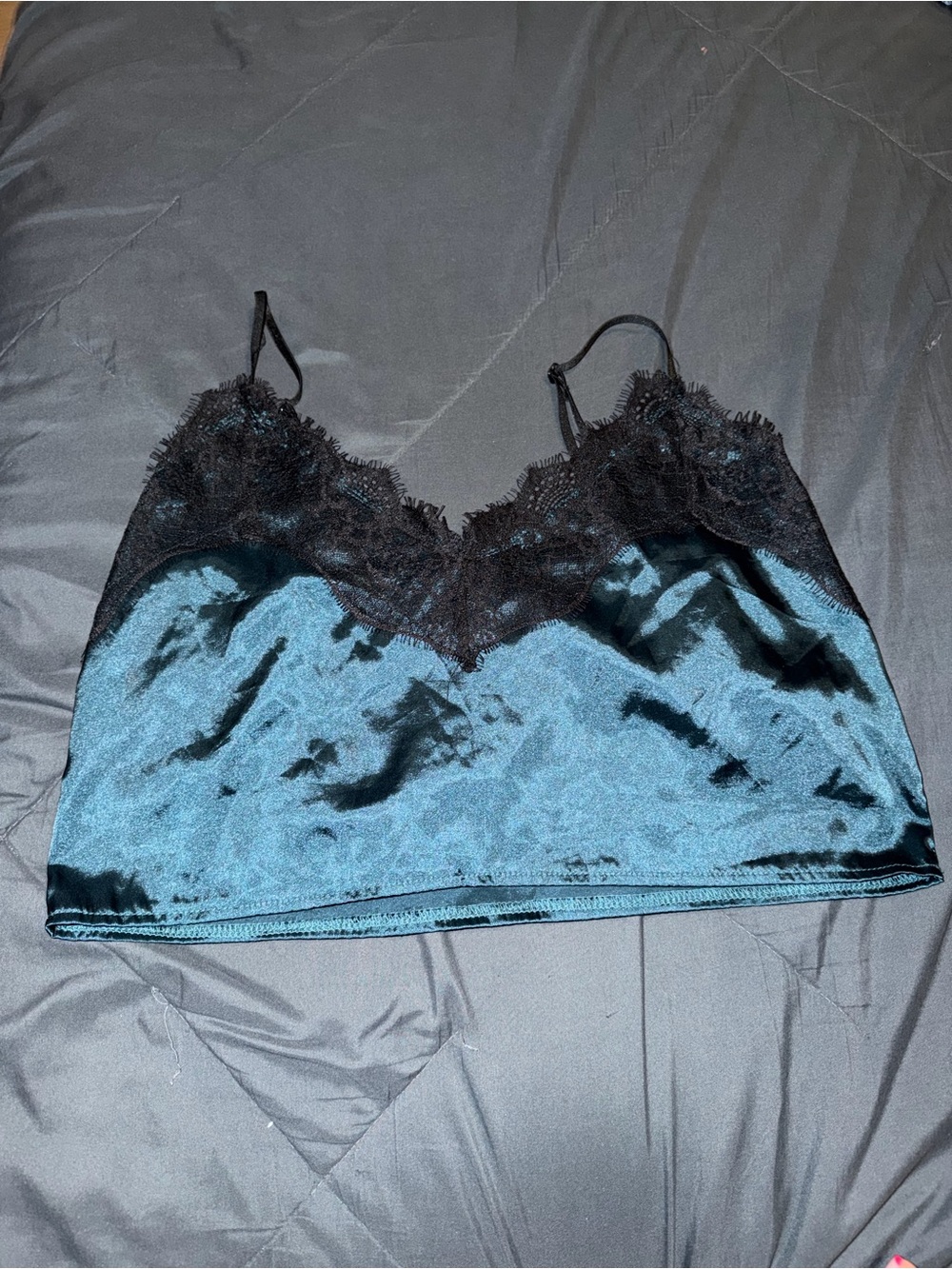 Women's Teal Satin Lace Cami Crop Top